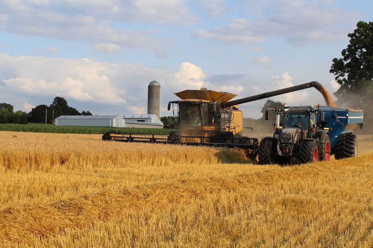 Stock image of tractors harvesting crops